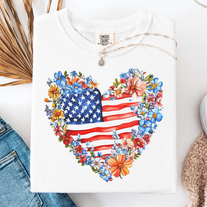 Comfort Colors 4th of July Shirt, USA Shirt, Fourth of July Shirt, American Flag Shirt, Classic USA Shirt, Floral Heart Shirt, Floral Flag