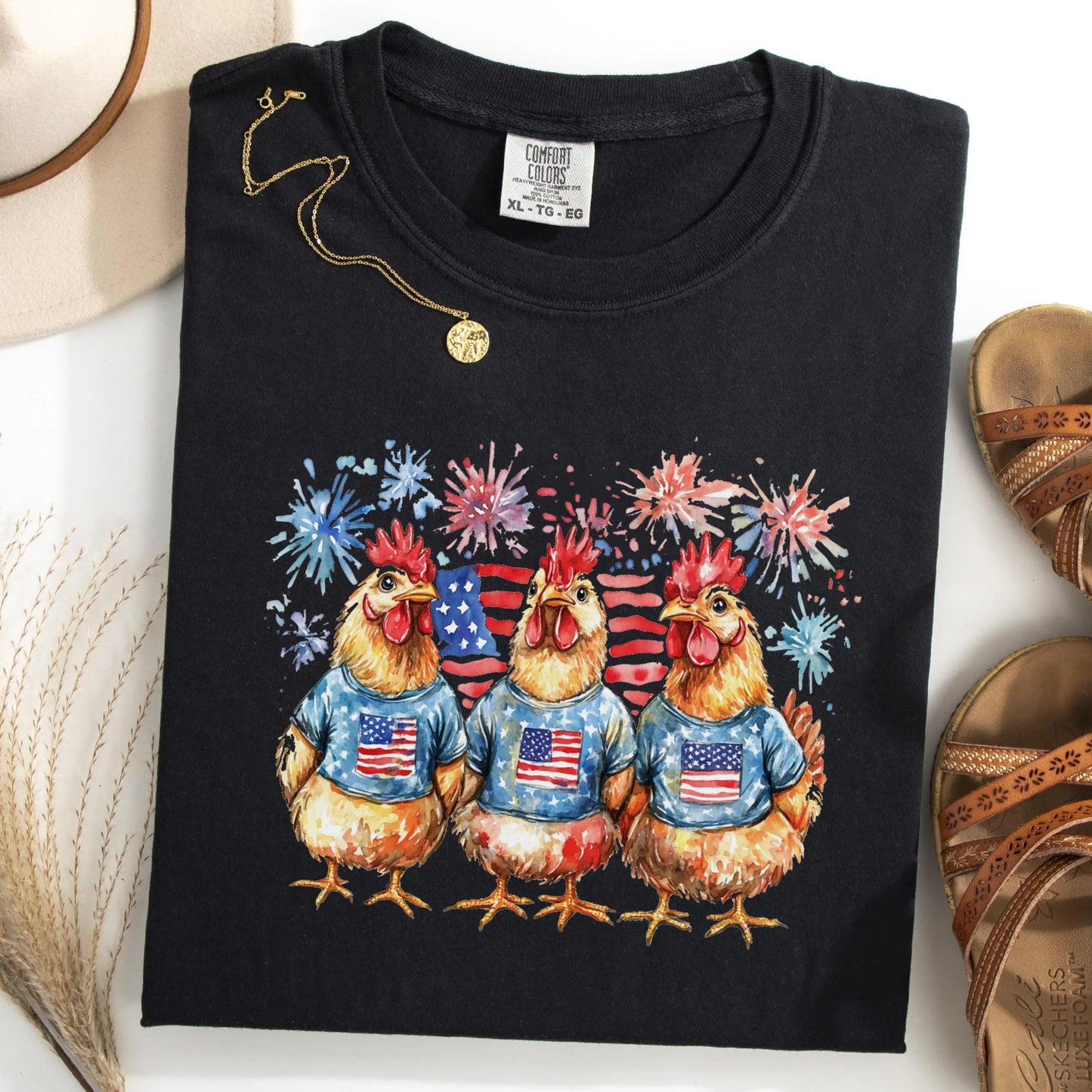 Comfort Colors 4th of July Shirt, USA Shirt, Fourth of July Shirt, Chicken Shirt, Fireworks Flag Tee, Rooster Shirt, Gift For Chicken Lover