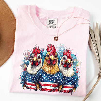 Comfort Colors 4th of July Shirt, USA Shirt, Fourth of July Shirt, Chicken Shirt, Fireworks Flag Tee, Rooster Shirt, Gift For Chicken Lover