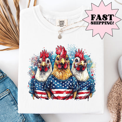 Comfort Colors 4th of July Shirt, USA Shirt, Fourth of July Shirt, Chicken Shirt, Fireworks Flag Tee, Rooster Shirt, Gift For Chicken Lover