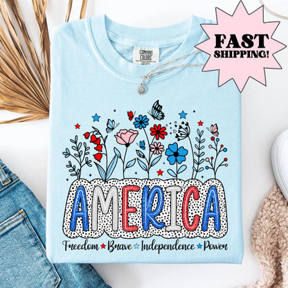 Comfort Colors 4th of July Shirt, USA Shirt, Fourth of July Shirt, Floral America Shirt, Fireworks Flag Tee, Flower USA Shirt