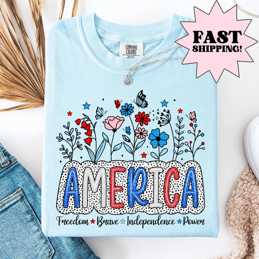 Comfort Colors 4th of July Shirt, USA Shirt, Fourth of July Shirt, Floral America Shirt, Fireworks Flag Tee, Flower USA Shirt