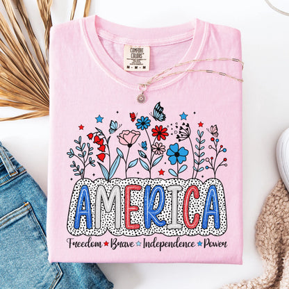 Comfort Colors 4th of July Shirt, USA Shirt, Fourth of July Shirt, Floral America Shirt, Fireworks Flag Tee, Flower USA Shirt