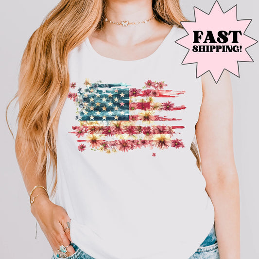 Comfort Colors 4th of July Shirt, USA Shirt, Fourth of July Tank Top, American Flag Shirt, Floral Flag Tank Top, Floral United States Tank