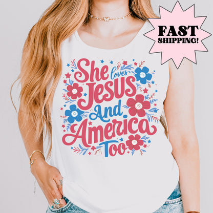 Comfort Colors 4th of July Tank Top, USA Shirt, Fourth of July Tank Top, American Flag Shirt, Christian Tank Top, She Loves Jesus Tank