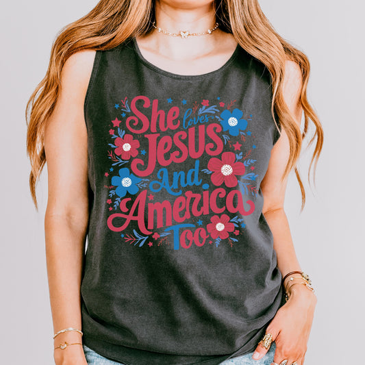 Comfort Colors 4th of July Tank Top, USA Shirt, Fourth of July Tank Top, American Flag Shirt, Christian Tank Top, She Loves Jesus Tank