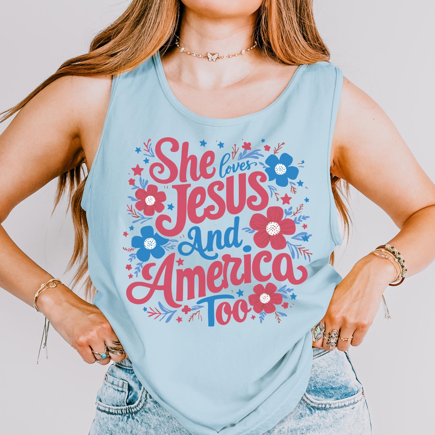 Comfort Colors 4th of July Tank Top, USA Shirt, Fourth of July Tank Top, American Flag Shirt, Christian Tank Top, She Loves Jesus Tank