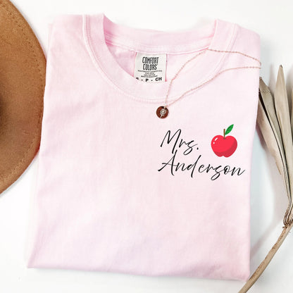 Comfort Colors Teacher Shirt, Kindergarten Teacher Last Name Shirt, Custom Back To School  Teacher T-Shirt, Personalized Apple Teacher Gift