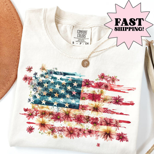 Comfort Colors 4th of July Shirt, USA Shirt, Fourth of July Shirt, American Flag Shirt, Classic USA Shirt, Floral Flag Tee, Independence Day