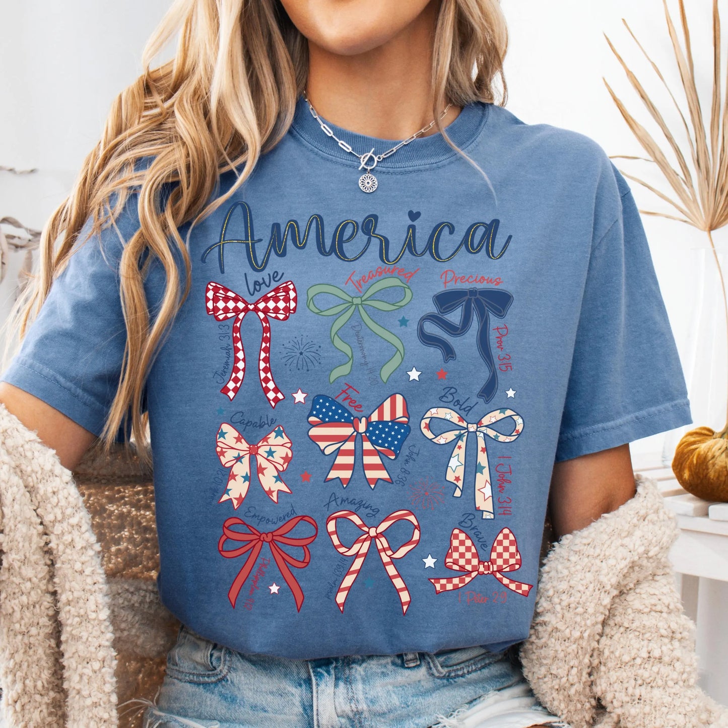 Comfort Colors 4th of July Shirt, USA Shirt, Fourth of July Shirt, Christian Shirt, Bow Shirt, Stars and Stripes Tshirt, Bible Verse Tee