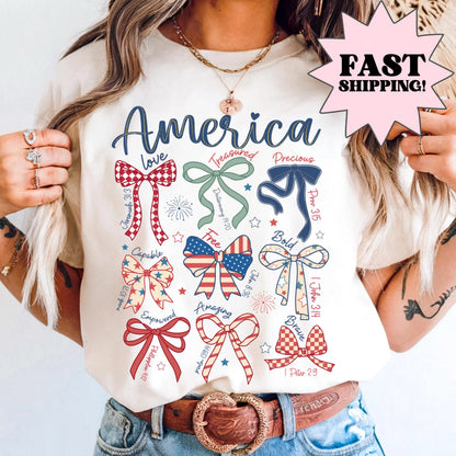 Comfort Colors 4th of July Shirt, USA Shirt, Fourth of July Shirt, Christian Shirt, Bow Shirt, Stars and Stripes Tshirt, Bible Verse Tee