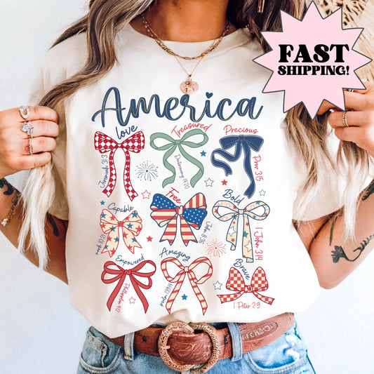 Comfort Colors 4th of July Shirt, USA Shirt, Fourth of July Shirt, Christian Shirt, Bow Shirt, Stars and Stripes Tshirt, Bible Verse Tee