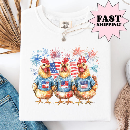 Comfort Colors 4th of July Shirt, USA Shirt, Fourth of July Shirt, Chicken Shirt, Fireworks Flag Tee, Rooster Shirt, Gift For Chicken Lover
