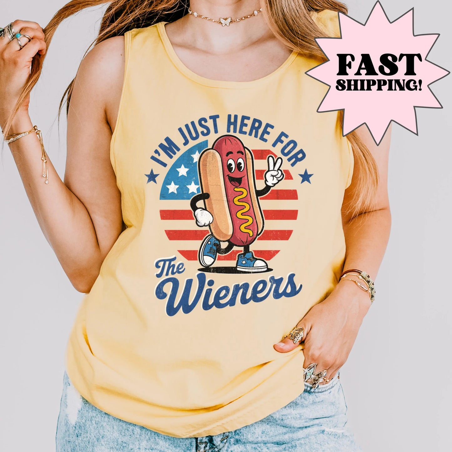Comfort Colors Fourth of July Tank, 4th of July Shirt, USA Shirt, Hot Dog Shirt, Here For The Wieners Shirt, BBQ Tee, Merica Tank Top