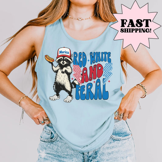 Comfort Colors 4th of July Shirt, USA Shirt, Fourth of July Tank Top, Feral Raccoon Shirt, Red White and Feral Tank, Hot Dog Wiener Tee