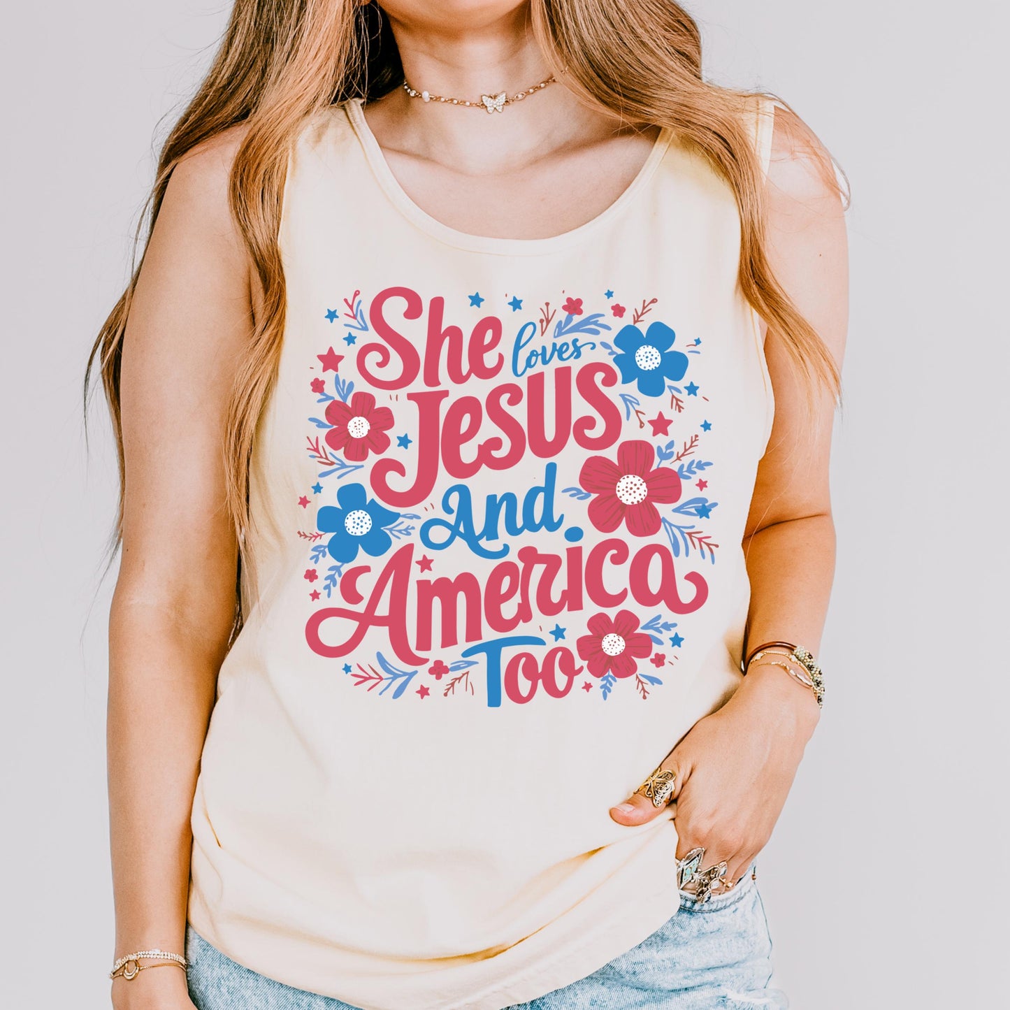 Comfort Colors 4th of July Tank Top, USA Shirt, Fourth of July Tank Top, American Flag Shirt, Christian Tank Top, She Loves Jesus Tank