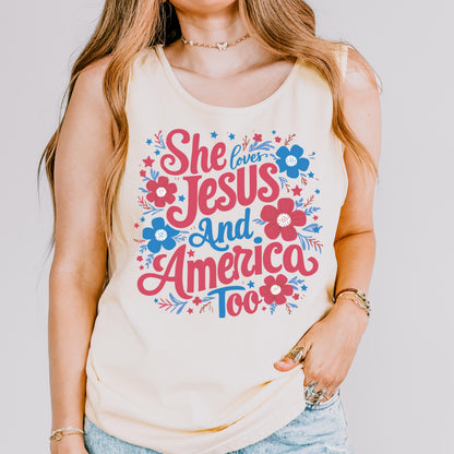 Comfort Colors 4th of July Tank Top, USA Shirt, Fourth of July Tank Top, American Flag Shirt, Christian Tank Top, She Loves Jesus Tank