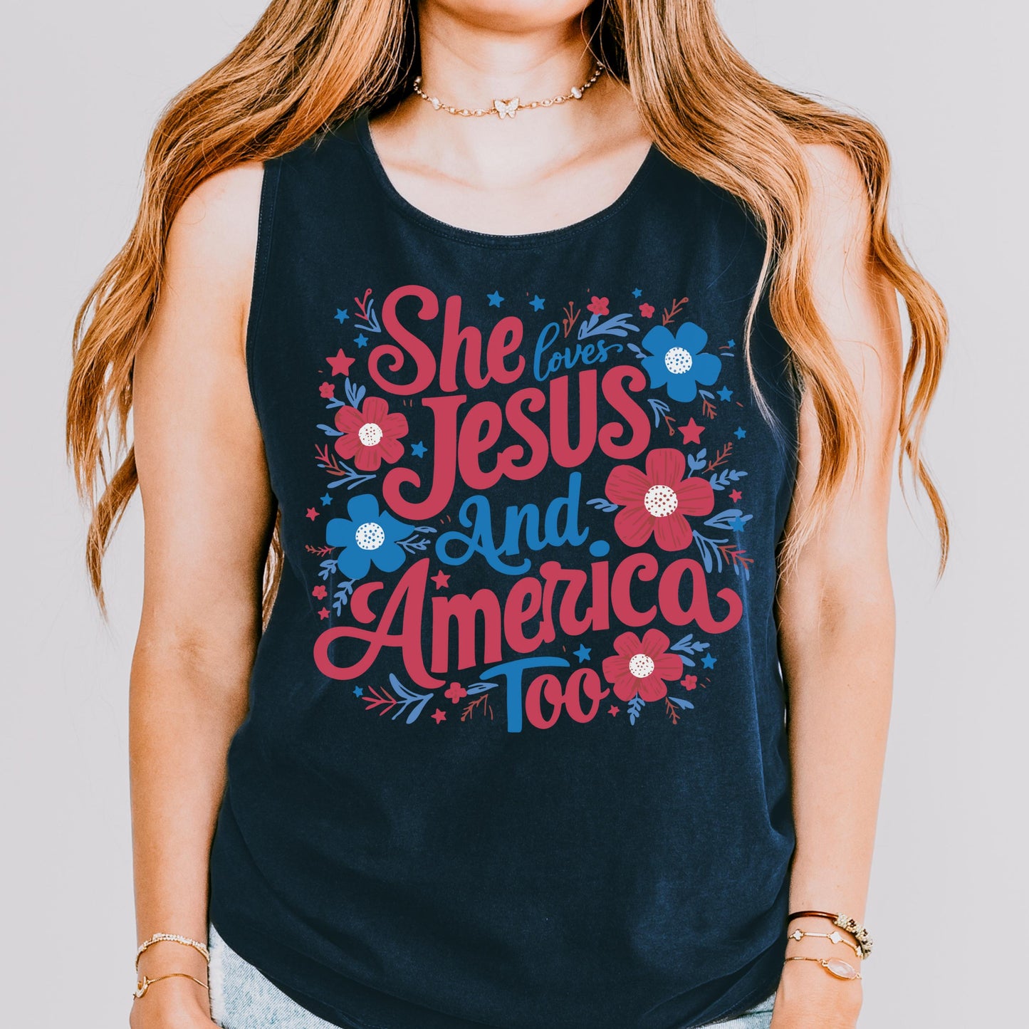 Comfort Colors 4th of July Tank Top, USA Shirt, Fourth of July Tank Top, American Flag Shirt, Christian Tank Top, She Loves Jesus Tank