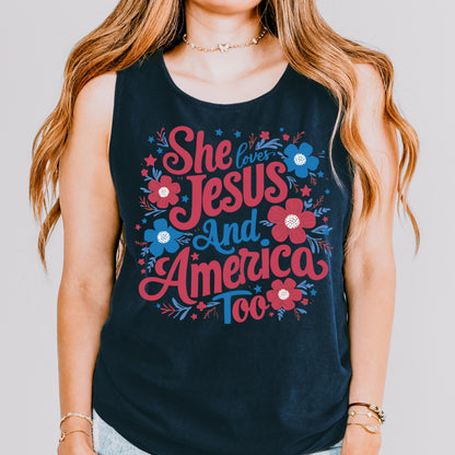 Comfort Colors 4th of July Tank Top, USA Shirt, Fourth of July Tank Top, American Flag Shirt, Christian Tank Top, She Loves Jesus Tank