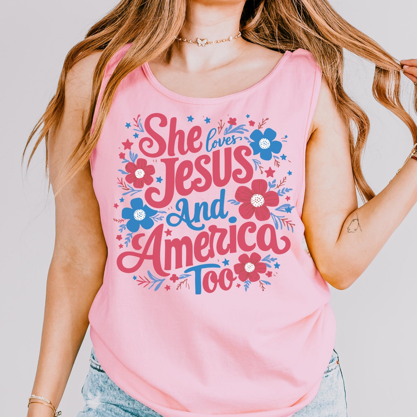Comfort Colors 4th of July Tank Top, USA Shirt, Fourth of July Tank Top, American Flag Shirt, Christian Tank Top, She Loves Jesus Tank