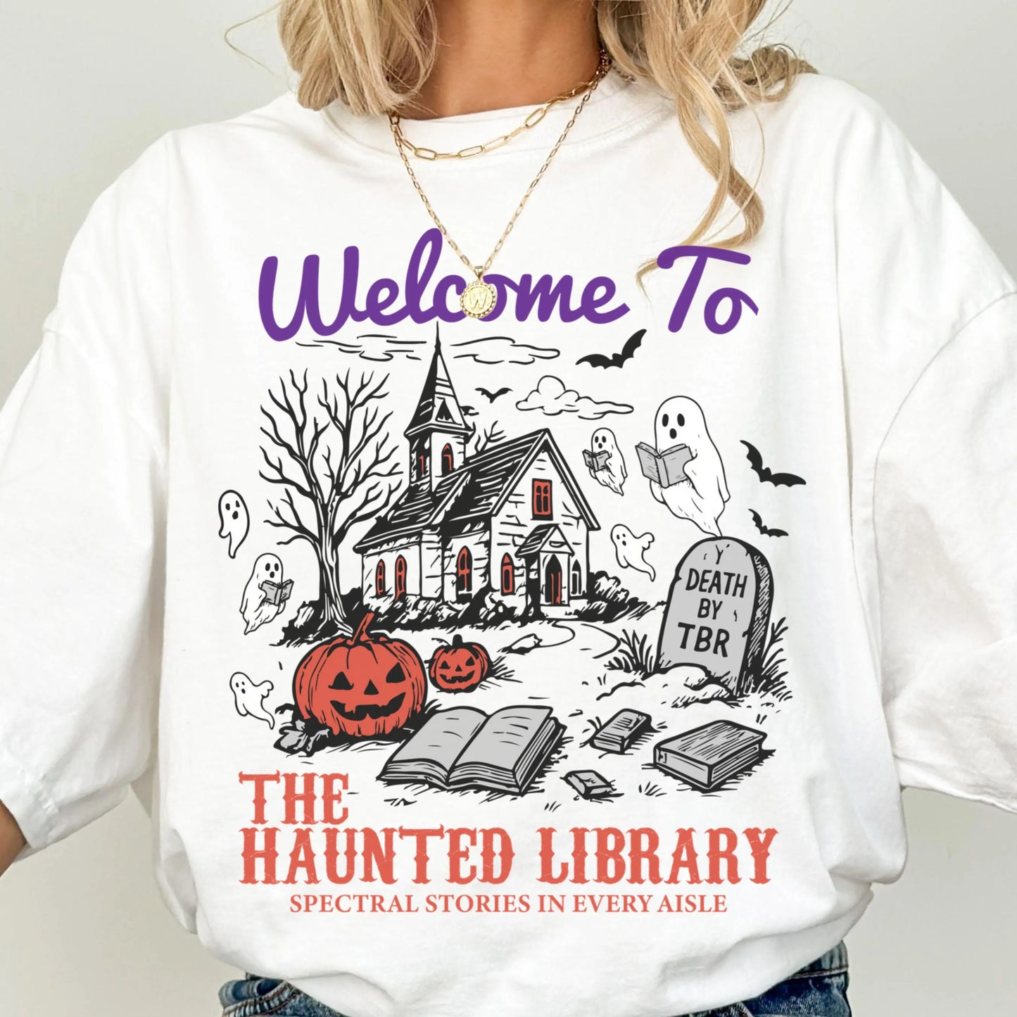Haunted Library Ghost Reading Comfort Colors Tee