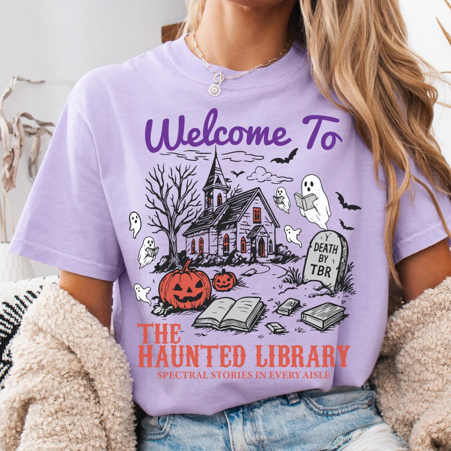 Haunted Library Ghost Reading Comfort Colors Tee