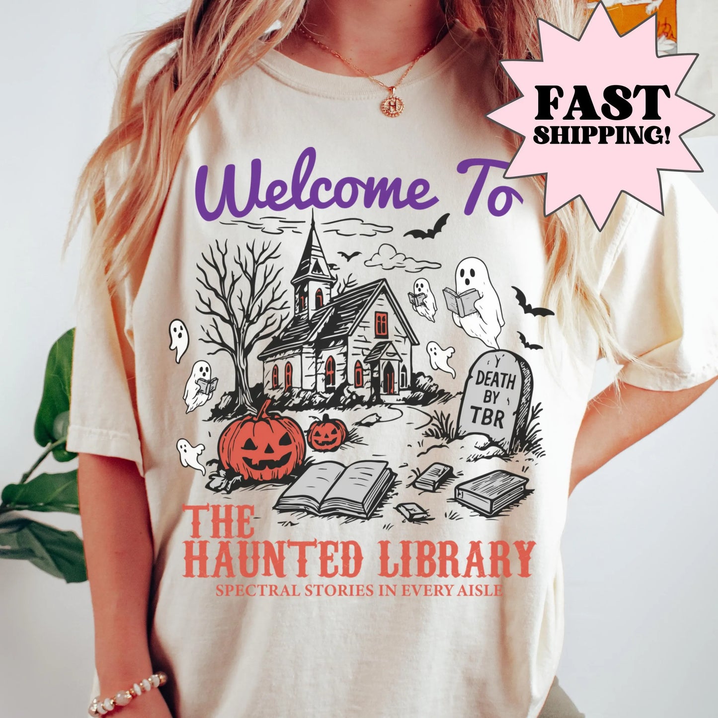 Haunted Library Ghost Reading Comfort Colors Tee