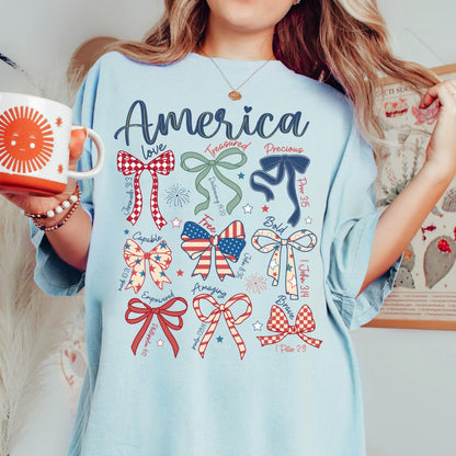 Comfort Colors 4th of July Shirt, USA Shirt, Fourth of July Shirt, Christian Shirt, Bow Shirt, Stars and Stripes Tshirt, Bible Verse Tee