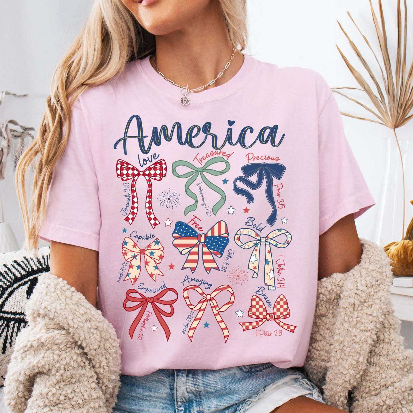 Comfort Colors 4th of July Shirt, USA Shirt, Fourth of July Shirt, Christian Shirt, Bow Shirt, Stars and Stripes Tshirt, Bible Verse Tee