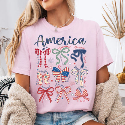 Comfort Colors 4th of July Shirt, USA Shirt, Fourth of July Shirt, Christian Shirt, Bow Shirt, Stars and Stripes Tshirt, Bible Verse Tee