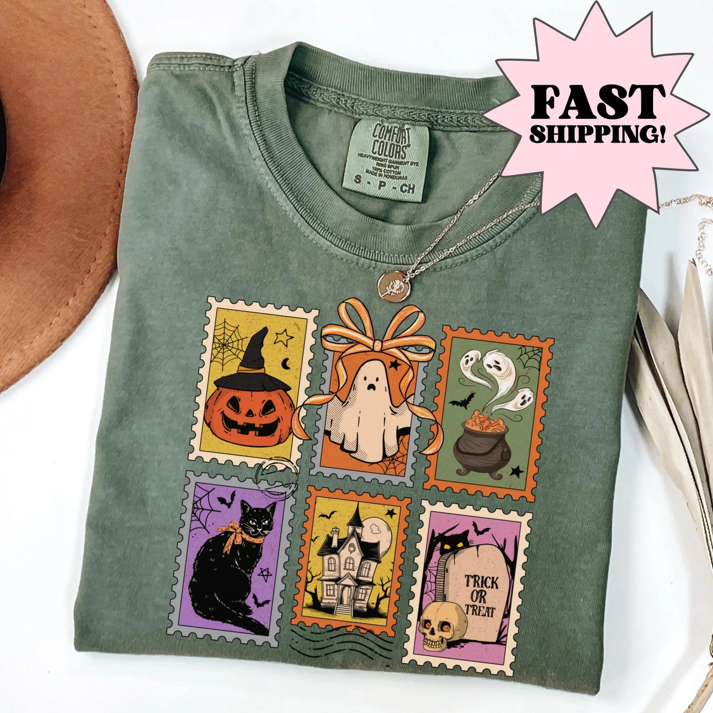 Summerween Cute Ghost Cat Comfort Colors Tee