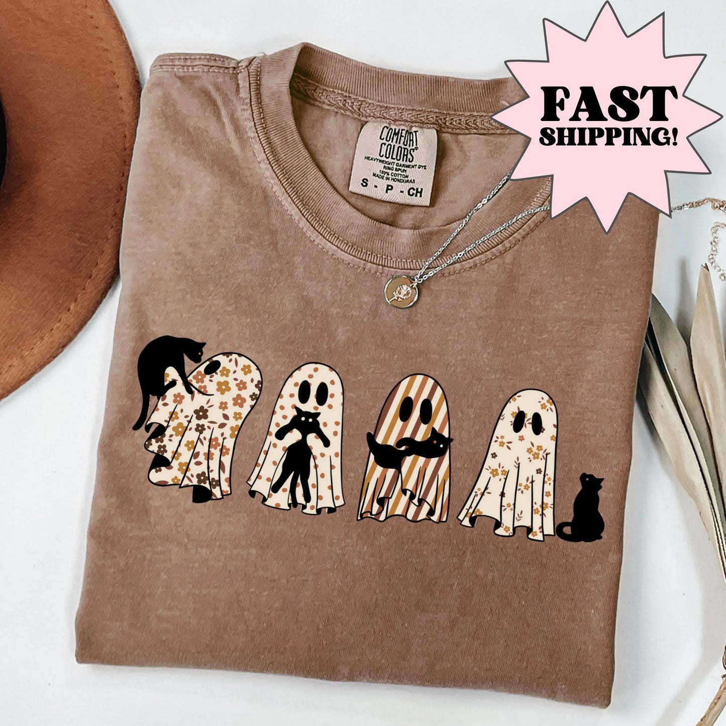 Fall Floral Ghost Cat Comfort Colors Tee