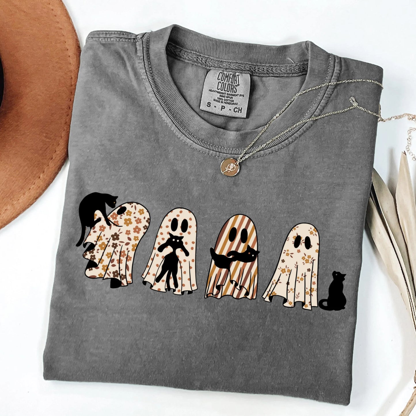 Fall Floral Ghost Cat Comfort Colors Tee