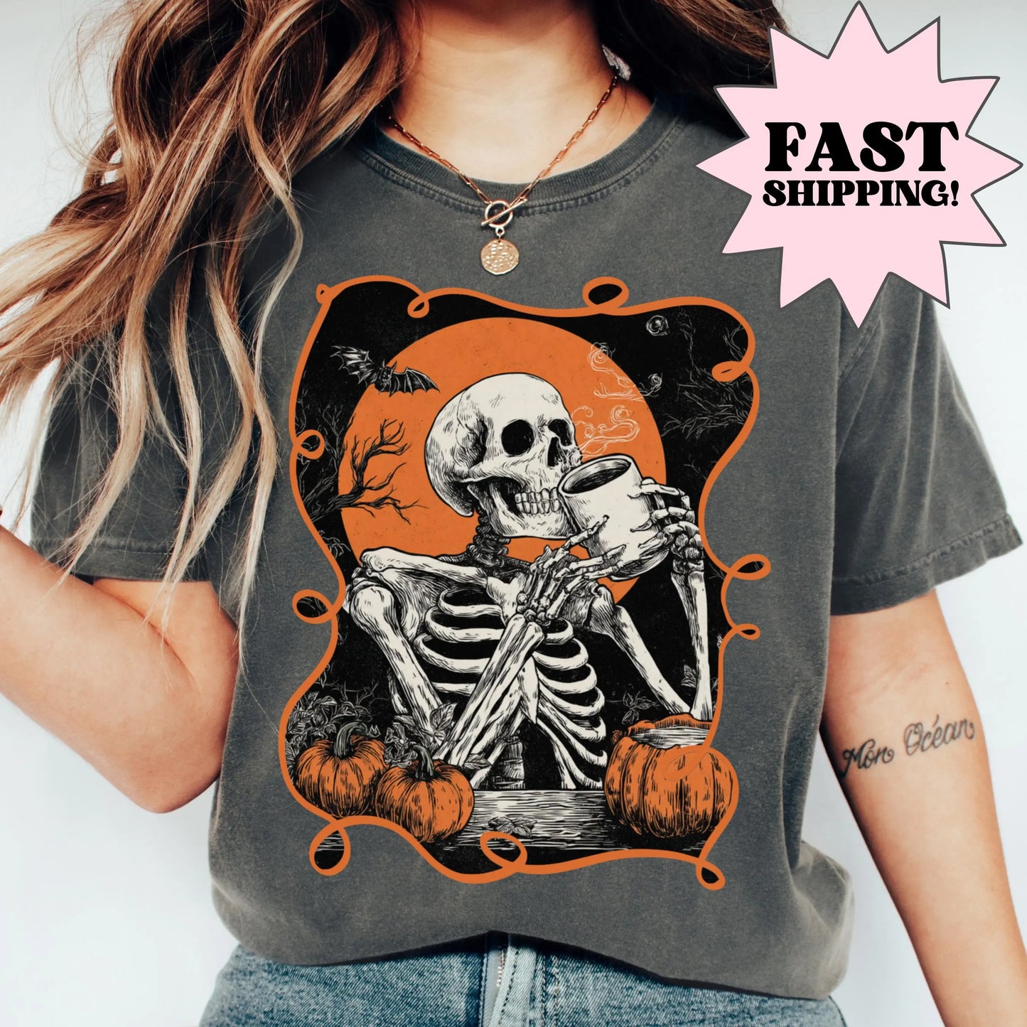 Coffee Skeleton Comfort Colors Halloween Tee