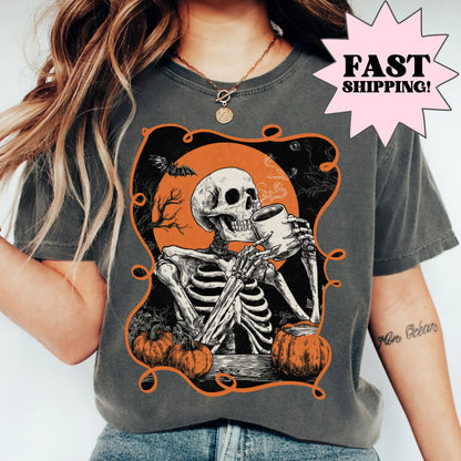 Coffee Skeleton Comfort Colors Halloween Tee