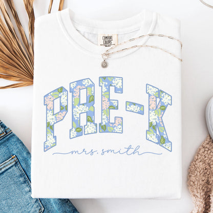 Comfort Colors Teacher Shirt, Pre K Teacher Shirt, Pre-K Teacher Shirt, Floral Hydrangea Teacher Tee, Pre K Team Back to School Shirts