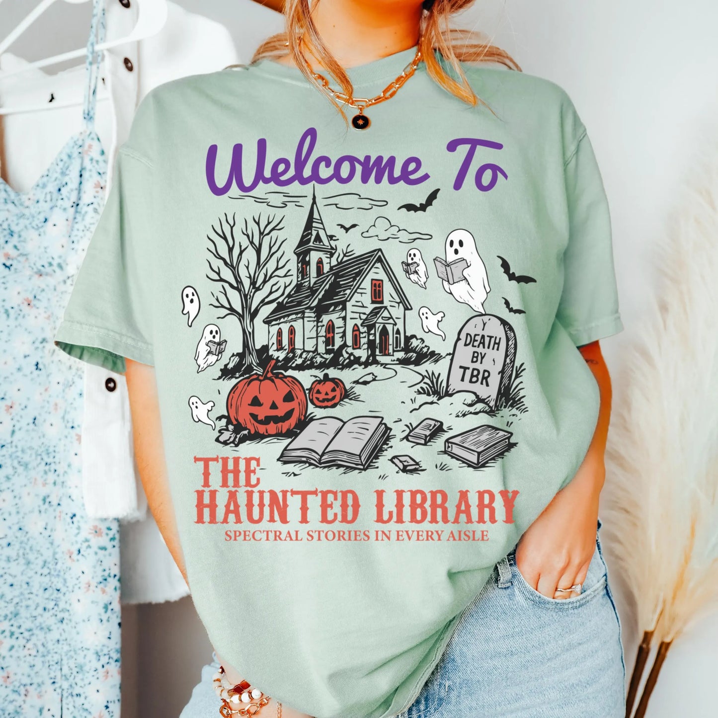Haunted Library Ghost Reading Comfort Colors Tee