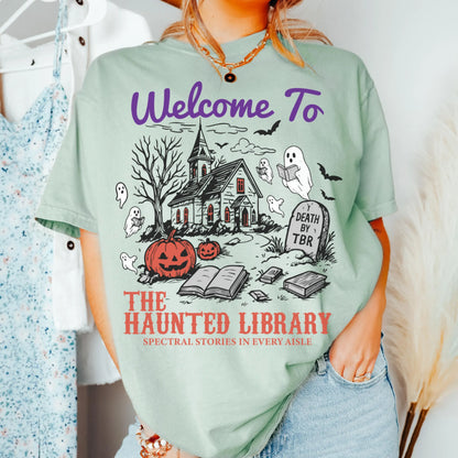 Haunted Library Ghost Reading Comfort Colors Tee