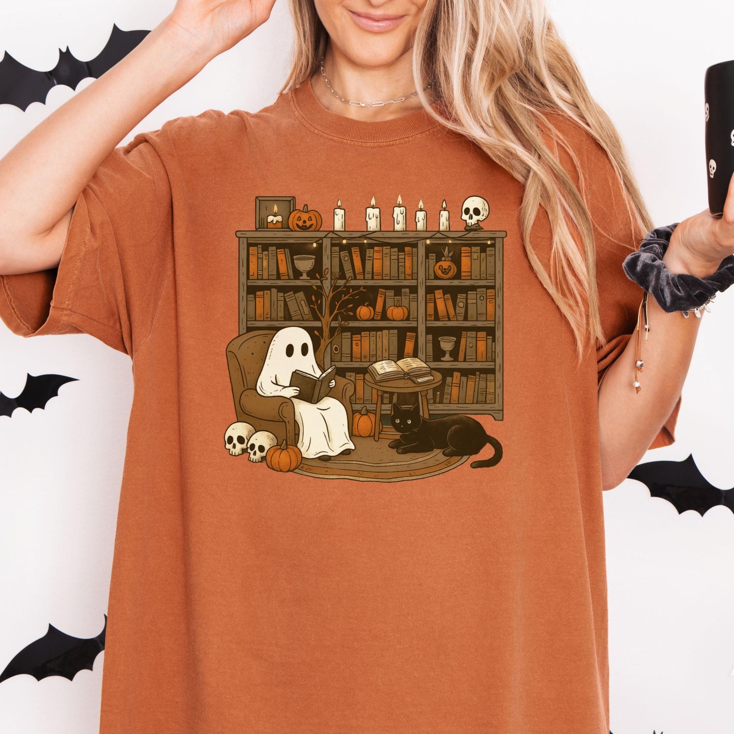 Comfort Colors Halloween Shirt, Fall Shirt, Ghost Reading Shirt, Spooky Teacher Halloween Tee, Library Ghost Shirt, Black Cat TShirt