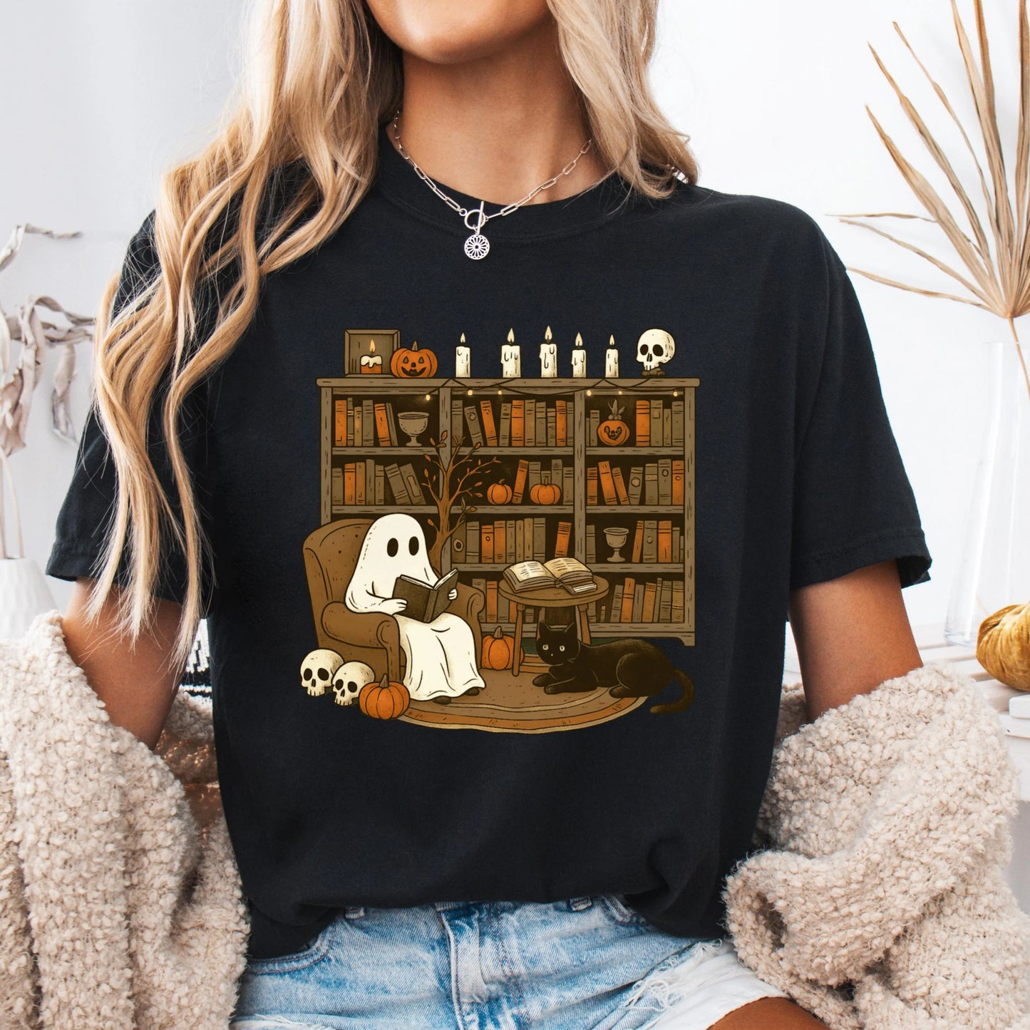 Comfort Colors Halloween Shirt, Fall Shirt, Ghost Reading Shirt, Spooky Teacher Halloween Tee, Library Ghost Shirt, Black Cat TShirt