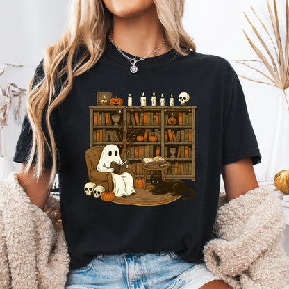 Comfort Colors Halloween Shirt, Fall Shirt, Ghost Reading Shirt, Spooky Teacher Halloween Tee, Library Ghost Shirt, Black Cat TShirt