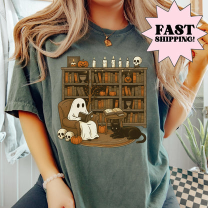 Comfort Colors Halloween Shirt, Fall Shirt, Ghost Reading Shirt, Spooky Teacher Halloween Tee, Library Ghost Shirt, Black Cat TShirt