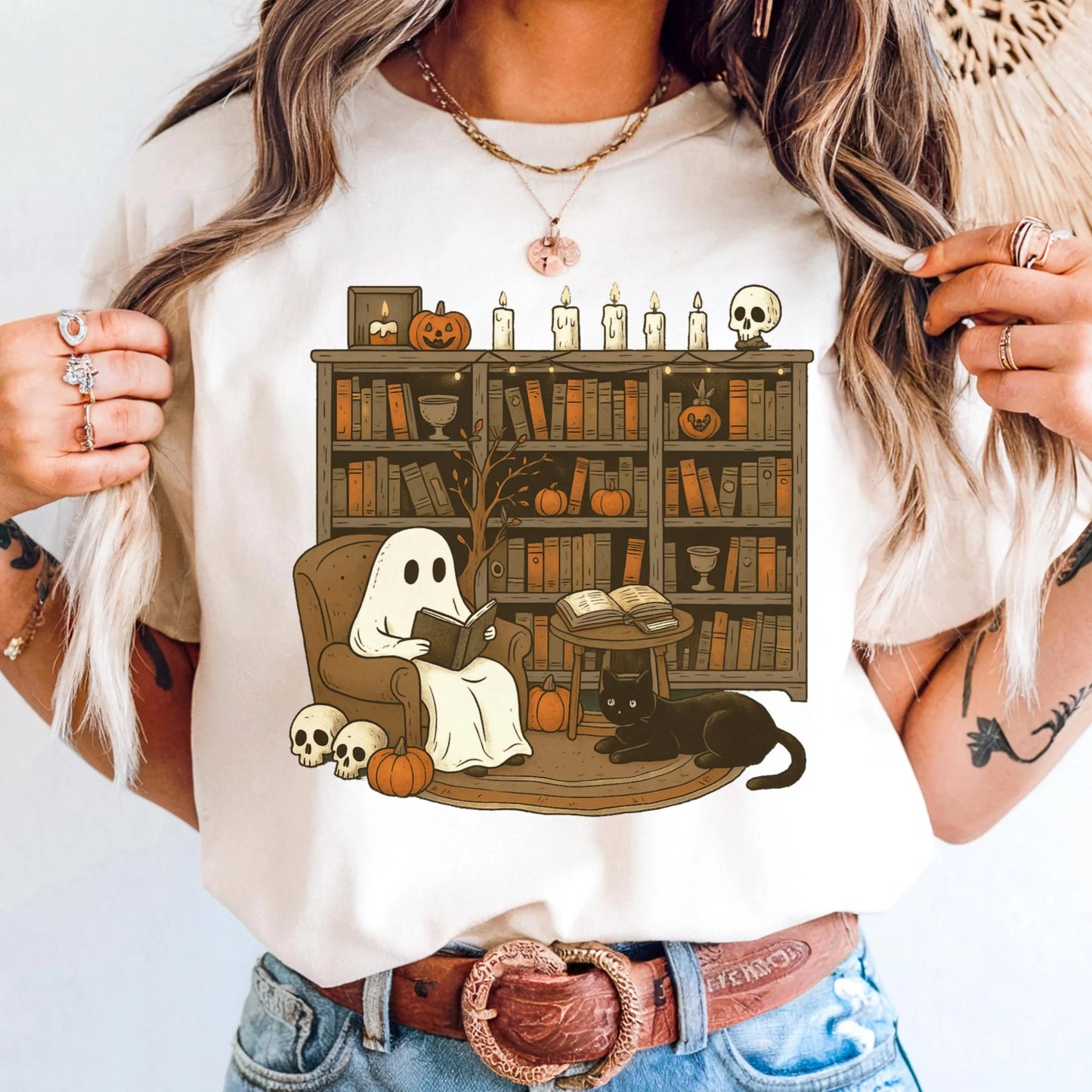 Comfort Colors Halloween Shirt, Fall Shirt, Ghost Reading Shirt, Spooky Teacher Halloween Tee, Library Ghost Shirt, Black Cat TShirt