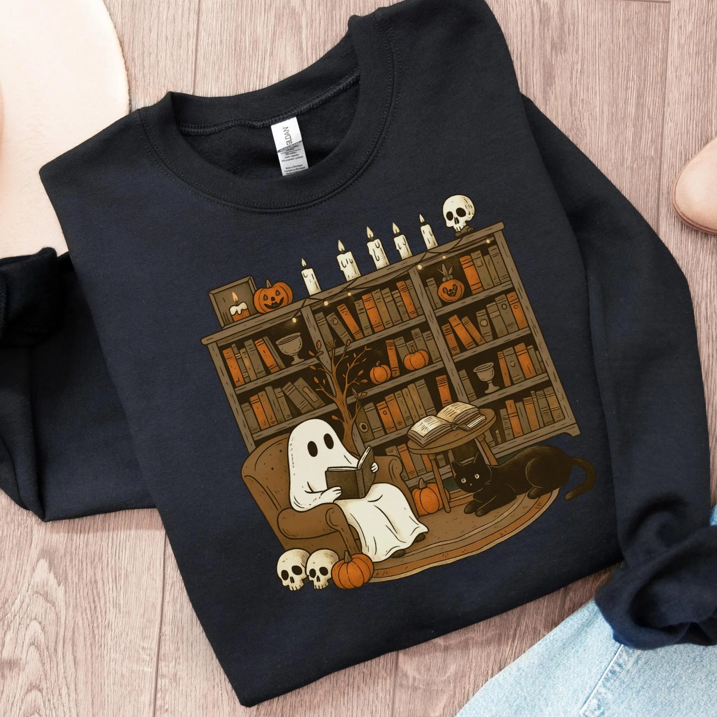 Ghost Reading Bookish Halloween Gildan Sweatshirt