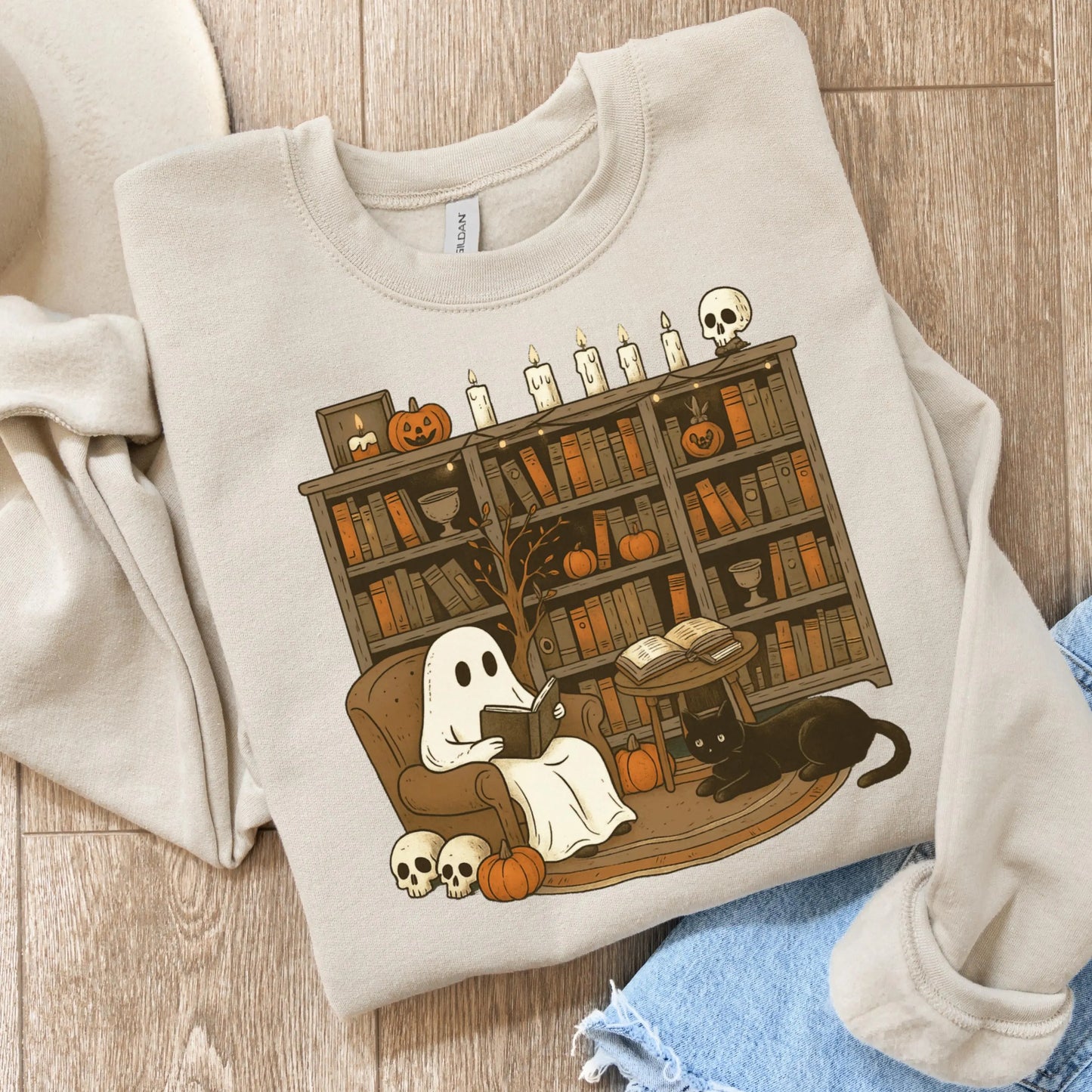 Ghost Reading Bookish Halloween Gildan Sweatshirt