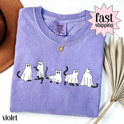Black Cat Ghost Halloween Comfort Colors Tee