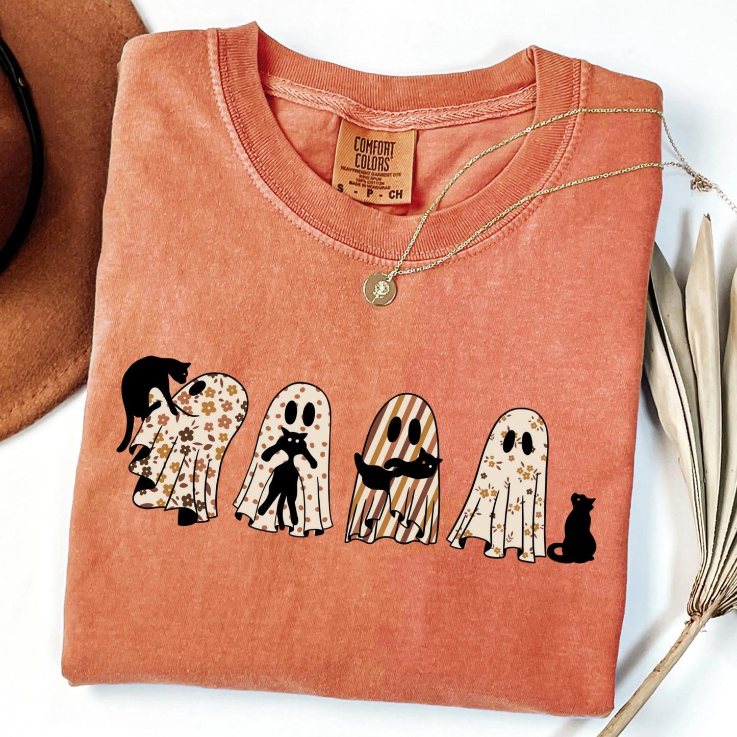 Fall Floral Ghost Cat Comfort Colors Tee