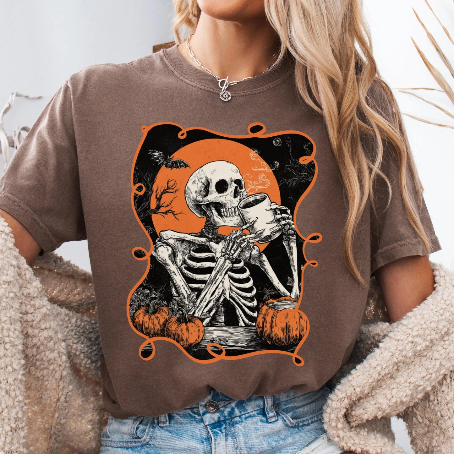 Coffee Skeleton Comfort Colors Halloween Tee