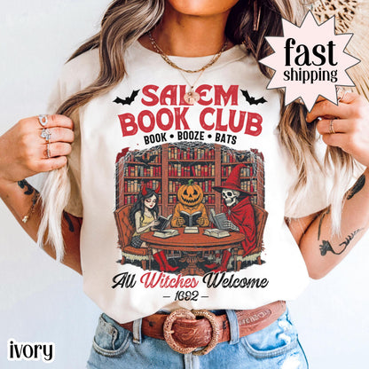 Comfort Colors Halloween Salem Book Club Witches Shirt Spooky Tee Autumn Reading Skeleton Pumpkin TShirt Fall Cozy Bookish TShirt Book Lover