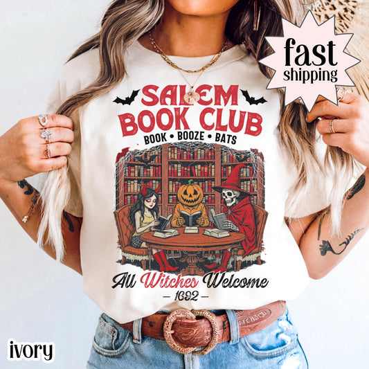 Comfort Colors Halloween Salem Book Club Witches Shirt Spooky Tee Autumn Reading Skeleton Pumpkin TShirt Fall Cozy Bookish TShirt Book Lover